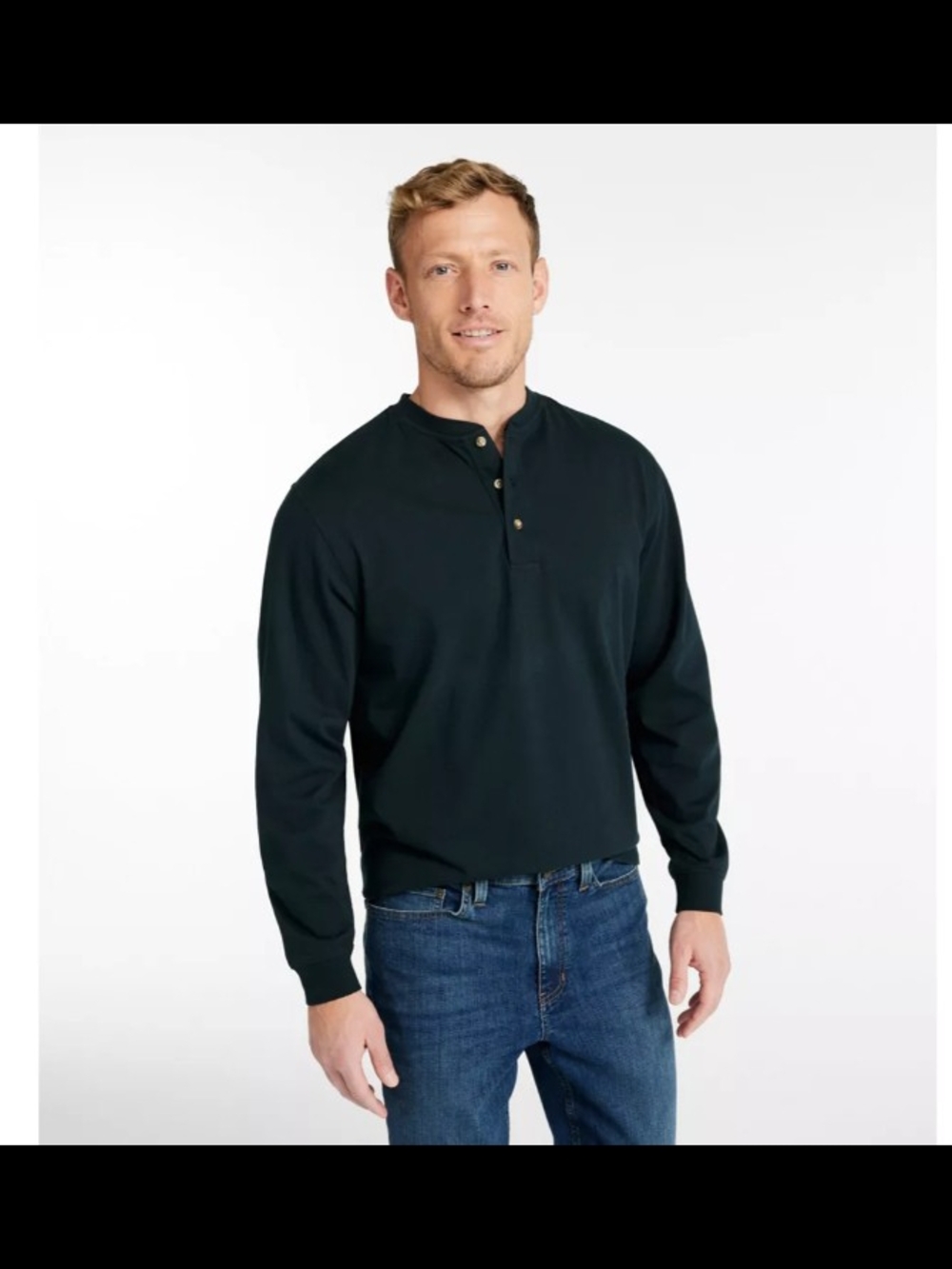 L.L. Bean Men's Carefree Unshrinkable Tee Black Long-Sleeve Large Cotton Henley